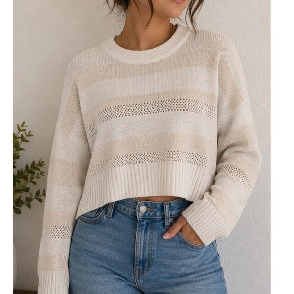 Happily Grey Sweaters - Happily Grey Striped Sweater Womens XL Cream Beige Excellent Pointelle Cropped